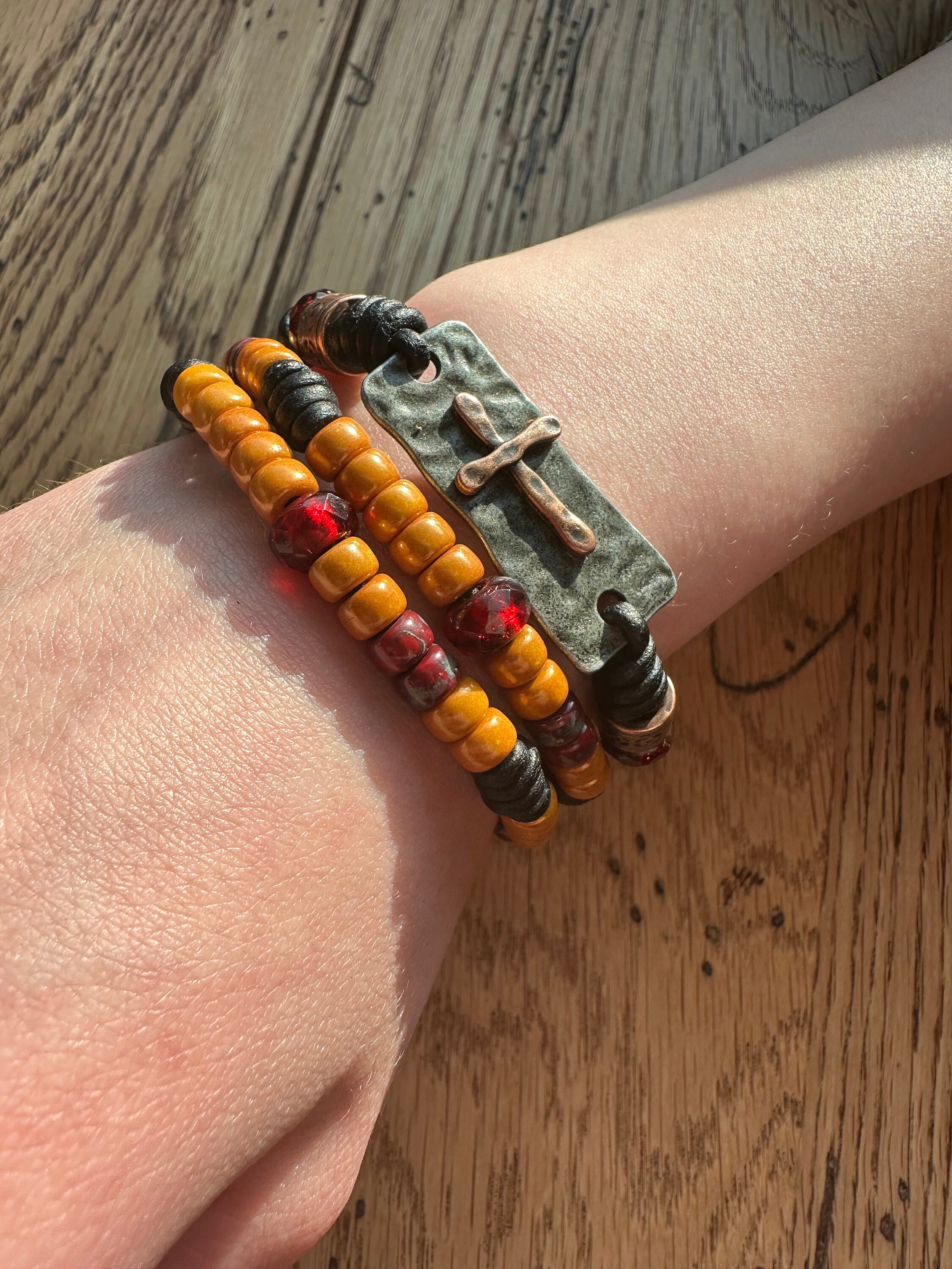 Boho Leather Wrap Bracelet, Cross Bracelet With Antler or Copper Button