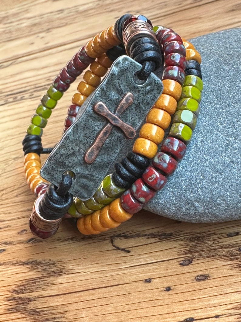 Boho Leather Wrap Bracelet, Cross Bracelet With Antler or Copper Button