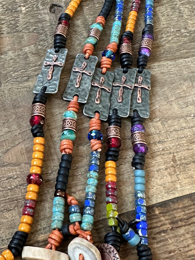 Boho Leather Wrap Bracelet, Cross Bracelet With Antler or Copper Button