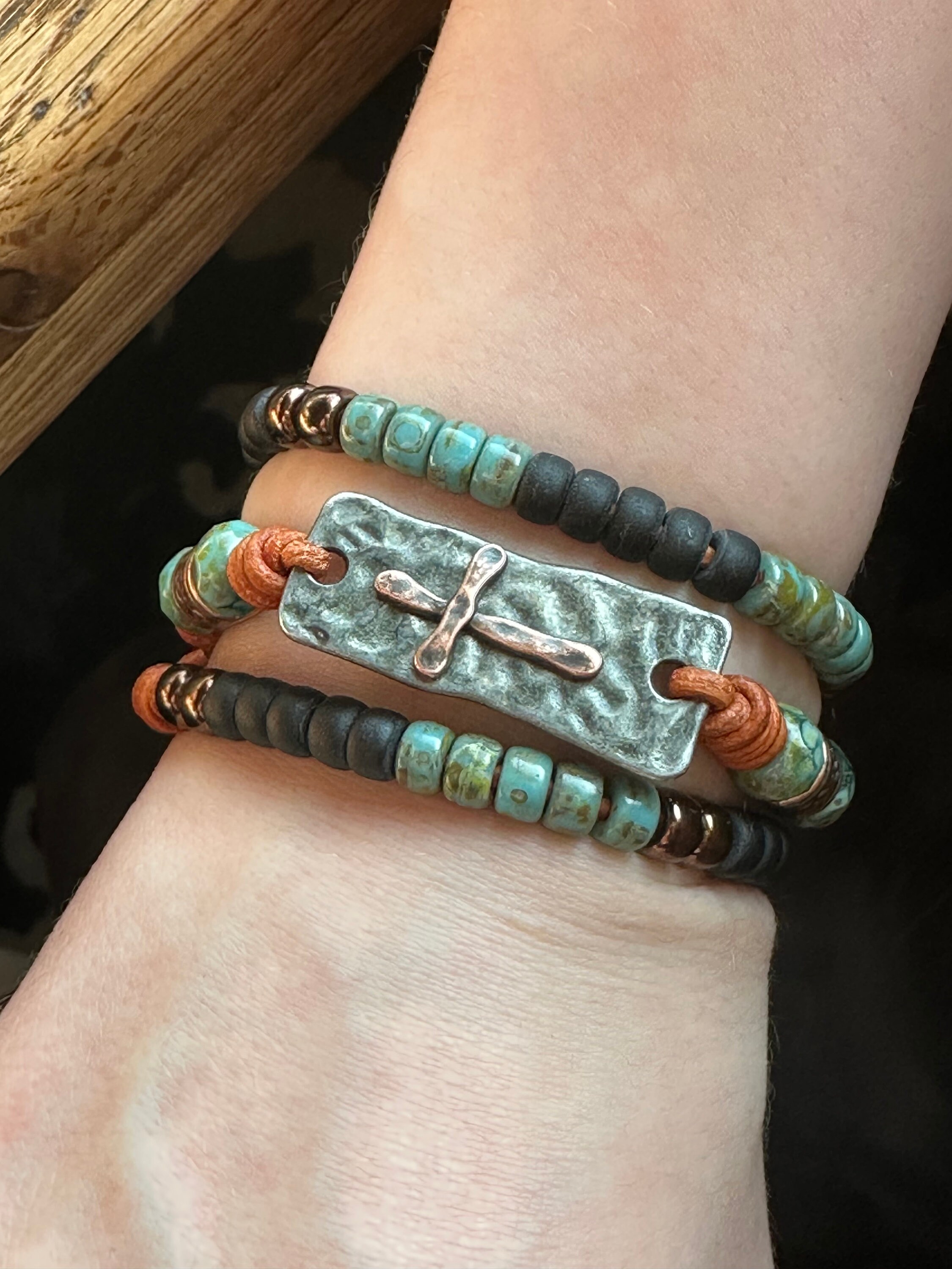 Boho Leather Wrap Bracelet, Cross Bracelet With Antler or Copper Button