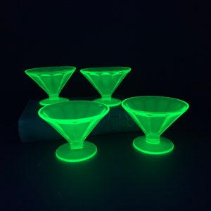 Vintage Uranium Glass Dessert Dishes FEDERAL set of 3 fluted green colored glass custard cups footed flaired V shape depression glassware