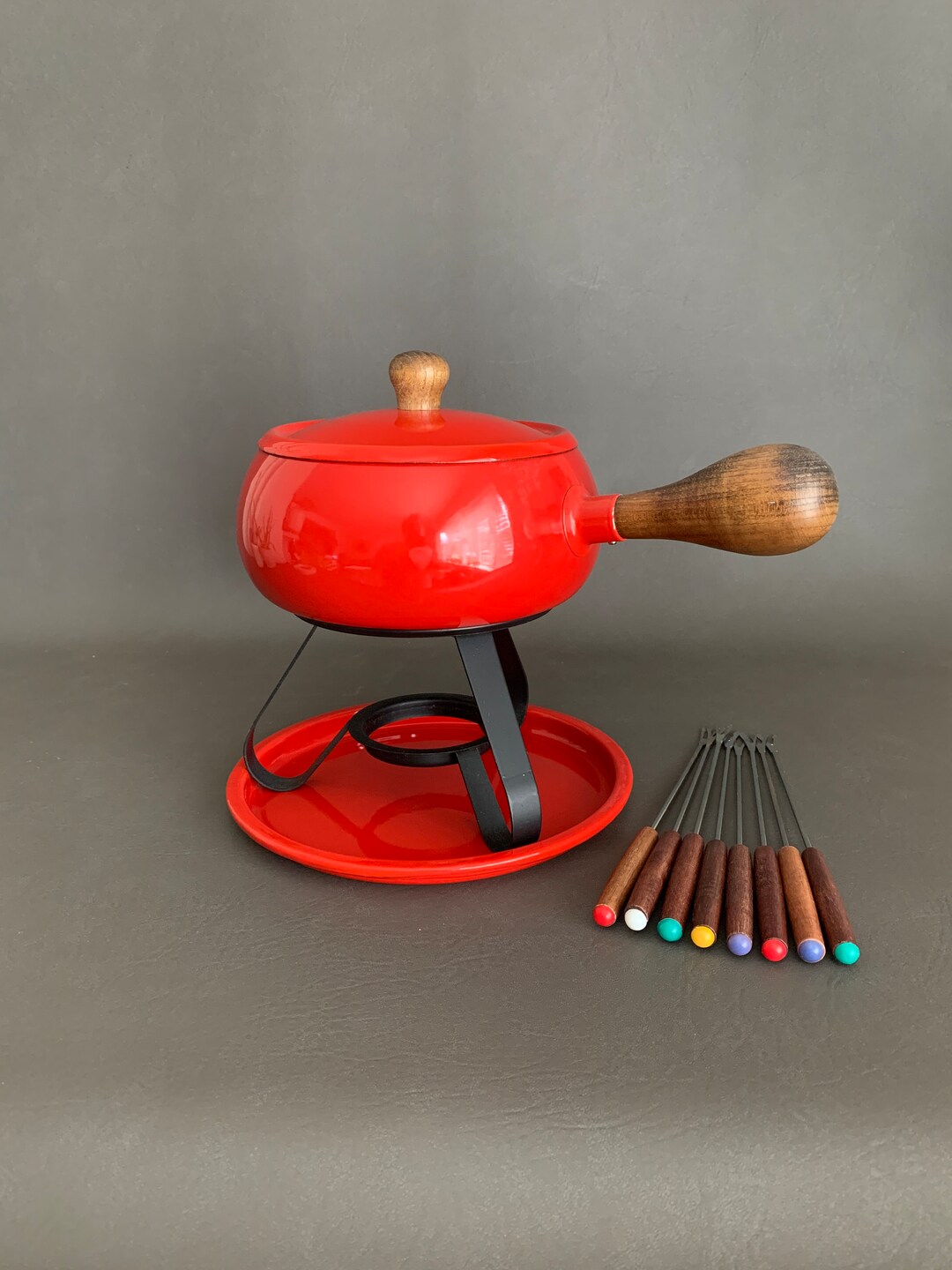 Vintage Enamel Fondue Pot Red White Wood With Forks Tray & Stand