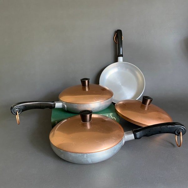 Vintage WEAR-EVER 7.5” Skillet saucepan, sauté pan cast aluminum copper accent lids black handles cookware, thick metal frying pan