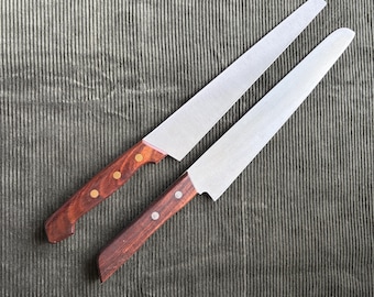 Cuchillo rebanador MCM vintage de 9 pulgadas, restaurado, de acero inoxidable, con mango de madera.