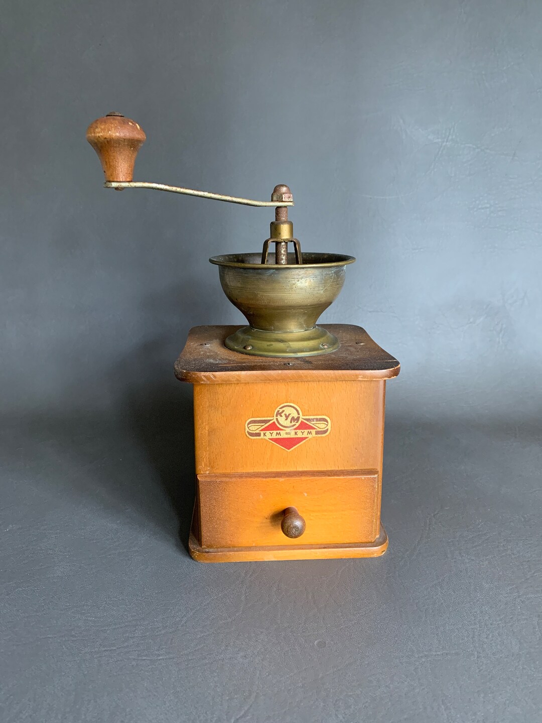 Vintage KYM Manual Wooden Coffee Grinder Brass Crank West Etsy