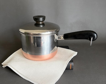 Cacerola vintage Revere Ware de 1,5 cuartos con tapa: batería de cocina restaurada de acero inoxidable revestida de cobre