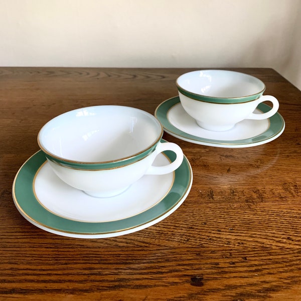 Pyrex Vintage Teal / Gold Rim White Painted Milk Glass Coffee / Tea Cup & Saucer (Set of 2) / Beautiful Pristine Condition + More Available