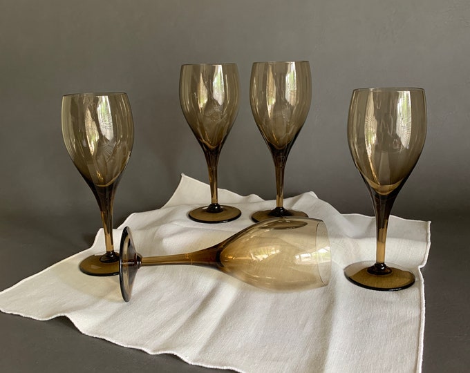 Vintage Tawny Smoke Glass Tulip Stemware 10oz Wine Champagne Glasses Set of 5 Tan Brown Amber