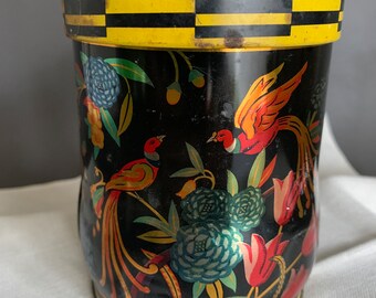 Vintage Candy Tin Black Red Gold Multicolor Flower & Birds MURRAY ALLEN countertop storage container kitchen accent decor canister can tea