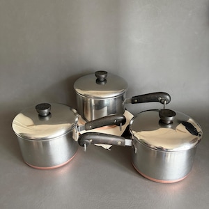 Cacerola vintage Revere Ware de 3 cuartos con tapa: Utensilios de cocina restaurados de acero inoxidable revestidos de cobre