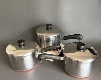 Cacerola vintage Revere Ware de 3 cuartos con tapa: Utensilios de cocina restaurados de acero inoxidable revestidos de cobre