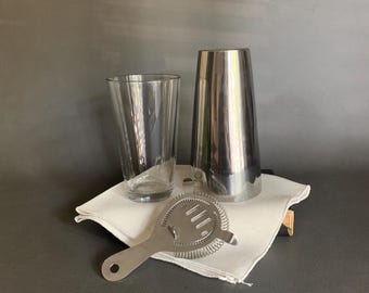 Juego de coctelera vintage de acero inoxidable de 3 piezas + vaso mezclador + colador Hawthorne