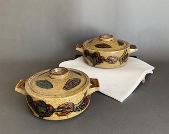 Par vintage de cuencos o tazones Otagiri con tapa: cerámica esmaltada moteada, Japón