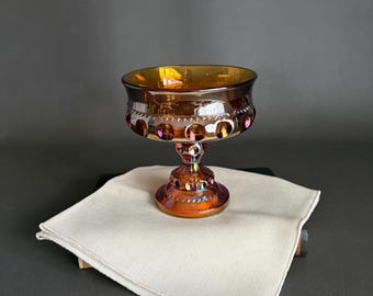 Plato vintage de 5" con pedestal de vidrio para carnaval, con caramelos y nueces, color naranja iridiscente