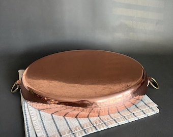 Sartén ovalada vintage de cobre martillado de 40 cm con asas de latón, fabricada en Francia