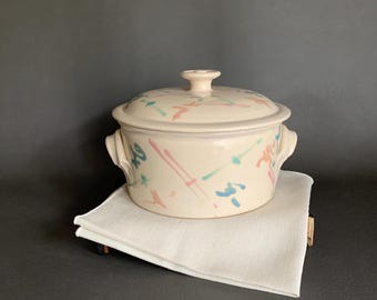 Jarra de cerámica vintage de estudio: esmalte con garabatos pastel tostado, firmada