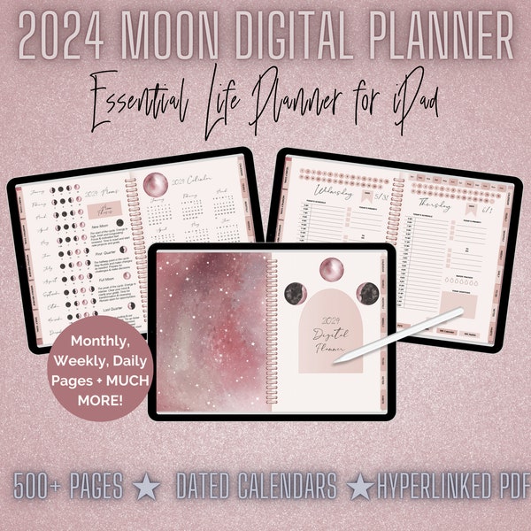 Moon Digital Planner, Goal setting Planner, For iPad, Goodnotes Planner & Notability Planner, Dated 2024 Calendar, Celestial Blush Rose Gold