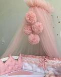 Baby girl crib canopy tulle in old pink with pompons, baby girl cot canopy pink