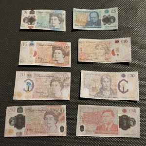Printable UK Banknotes for 1:6 Scale Dolls and Action Figures 5, 10, 20, 50 Pounds New Style Notes