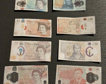 Billetes del Reino Unido imprimibles para muñecos y figuras de acción a escala 1:6 Billetes de nuevo estilo de 5, 10, 20 y 50 libras