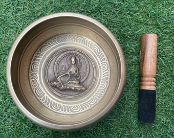 Cuenco Cantor-13 cm-Tara Verde Tallada-Mantras Tibetanos-Envío Gratis