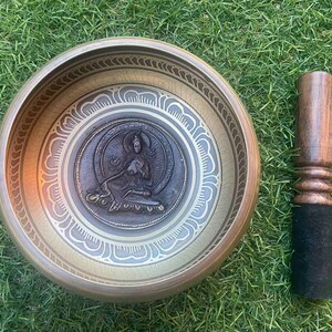 Singing Bowl-13 cm-Green Tara Carved-Tibetan Mantras-Spiritual Handmade Gifts-Free Shipping