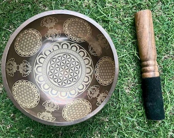 10cm Flower of Life Singing Bowl Set | Handmade Tibetan Meditation Bowl | Sound Healing Gift Set with Cushion, Striker & Silk Box