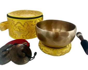 Sound healing Starter Kit | Handmade Singing Bowl Set 16cm with 7cm Tingshas | Meditation | Yoga Mindfulness Reiki
