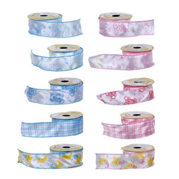 Baby Themed Wire-Edged Ribbon - Baby Shower Wire Edged Ribbon 3 yds. Boy Girl Pink Blue