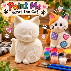 May include: A white ceramic cat figurine with embossed patch outlines, a finished painted cat figurine, a set of twelve small paint pots in various colors, and two paintbrushes. The text "Paint Me Scrat the Cat" is displayed above the items.