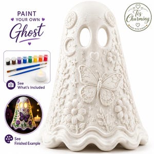 May include: A white ceramic ghost figurine featuring embossed designs of a butterfly, flowers, stars, a crescent moon, and a heart. The set includes a paint kit with eight small pots of paint, two paintbrushes, and a small battery-operated tea light.