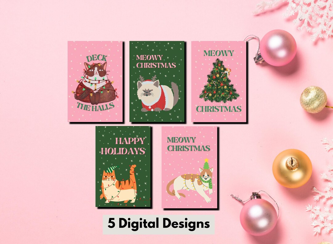 5 Christmas Card Designs Funny Cat Christmas Digital Download Holiday ...