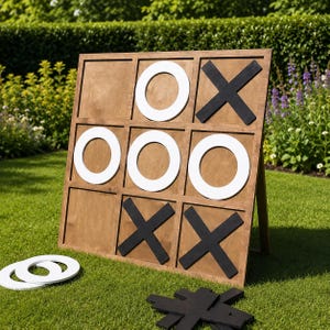 May include: A large wooden noughts and crosses board game with a brown finish, featuring a grid of nine squares. The board displays white circular O pieces and black X pieces. Additional white O and black X game pieces are placed on the grass nearby.