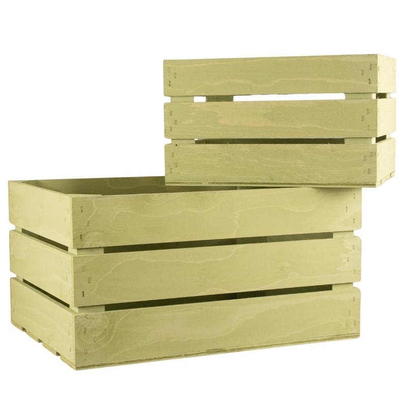 May include: Two wooden crates, one stacked on top of the other. Both crates are painted a light green color and have a rustic look. The larger crate has three horizontal slats, while the smaller crate has two.