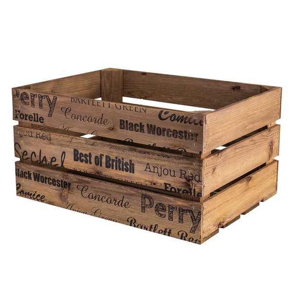 Rustic Wooden Crate with Apple & Pear Print, Storage Crate
