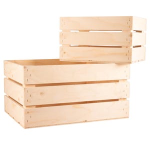 May include: Two wooden crates, one stacked on top of the other. The larger crate has three horizontal slats and the smaller crate has two horizontal slats.