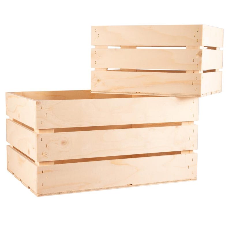 May include: Two wooden crates, one stacked on top of the other. The larger crate has three horizontal slats and the smaller crate has two horizontal slats.