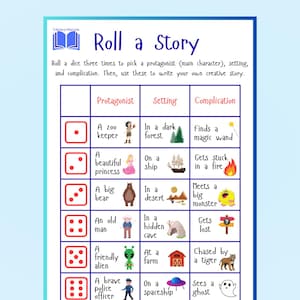 May include: An educational game called "Roll a Story" with a blue border. The game features a chart with dice rolls to select a protagonist, setting, and complication for creative writing. The title "Roll a Story" is displayed at the top.