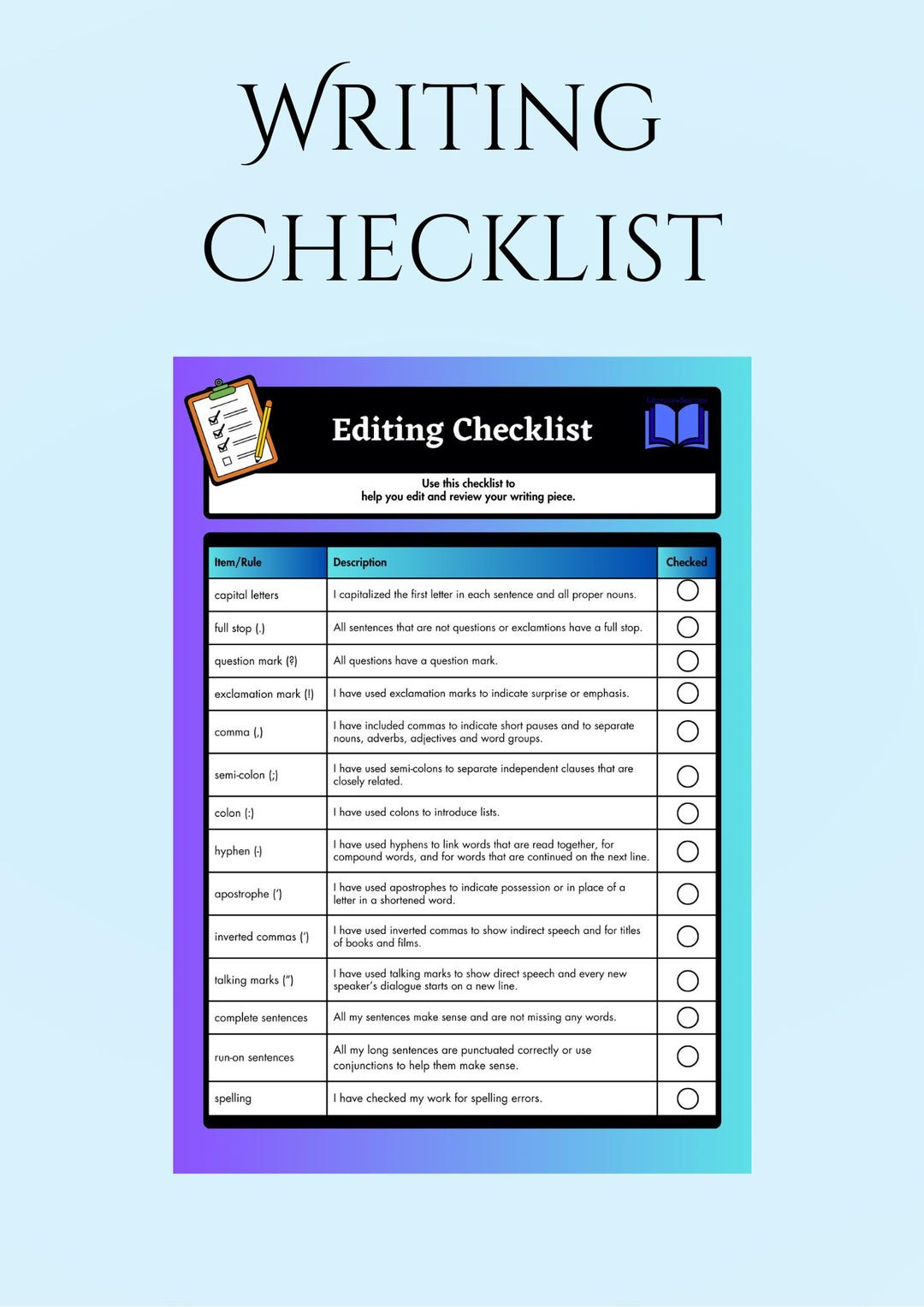 Printable Writing Checklist: Grammar and Punctuation Prompts for Kids ...