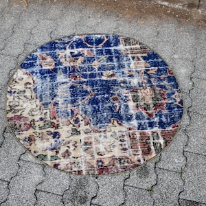Blue turkish rug, Vintage rug, Circle rug, Oushak rug, 2.7 x 2.7 ft Handmade rug, Round rug, Doormat rug, Bohemian rug, Home decor RR1894