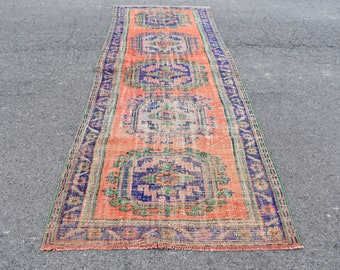 オレンジとブルーのトルコ製ラグ、ヴィンテージ ランナー ラグ