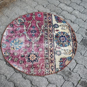 Bohemian rug, Handmade round rug, Turkish rug, Oushak rug, Vintage rug, Small area rug, Doormat rug, 2.7 x 2.7 ft Bathroom decor rug RR1897