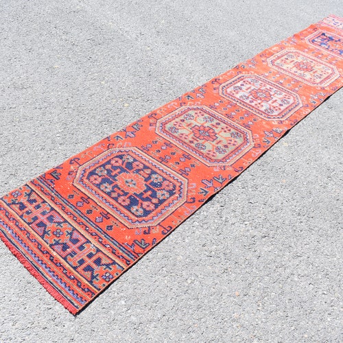 Orange runner rug, Turkish rug, Vintage rug, Handmade rug, Hallway rug, 2 x 11.6 Ft Kitchen decor, Corridor shops rug, Oriental rug, Rug, RR2454
