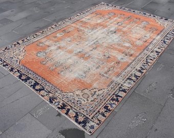 Turkish Rug, Vintage Rug,turkish orange rug, 5.6 x 8.2 ft oversize rug, oriental rug, vintage rug floor rug oushak rug   floral rug RR4435