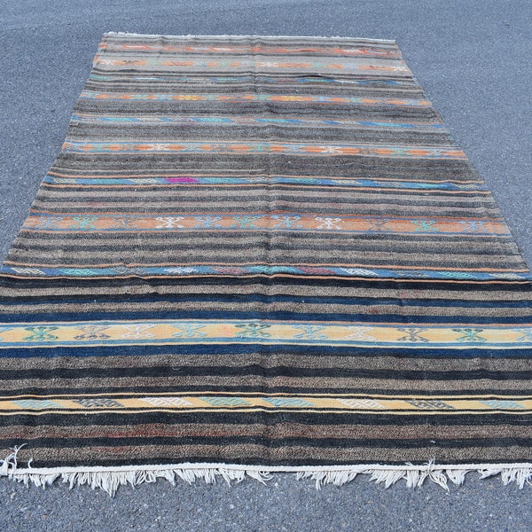 Blue turkish rug, Large rug, Vintage rug, Kilim rug 6.3 x 11.3 ft Handmade rug, Aztec rug, Striped rug, Boho Decor rug, Kilim rug, RR2548