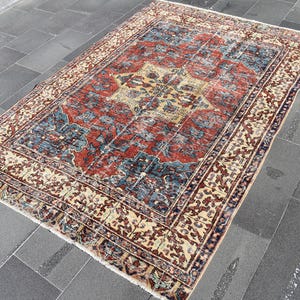 Blue area rug, Turkish oriental rug, Bedroom rug, Boho rug, Vintage rug, Aztec rug 5 x 7.3 ft Tribal rug, Oushak rug Handmade rug RRA2699