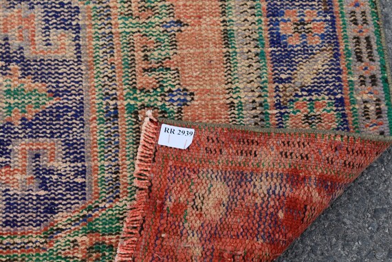 オレンジとブルーのトルコ製ラグ、ヴィンテージ ランナー ラグ