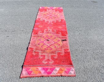 Pink hallway rug, Handmade rug, Corridor rug, 2.7 x 9.6 Ft Turkish runner rug, Oushak rug, Nomadic rug, Vintage rug, Boho rug RR2828