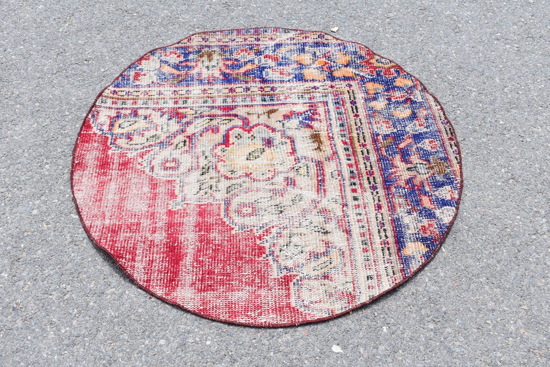 Red and Blue Rug Turkish Small Rug 3.2 X 3.2 Ft Round Rug Etsy UK