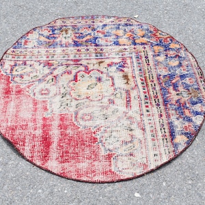 Red and blue rug, Turkish Small rug, 3.2 x 3.2 Ft Round rug, Circle rug, Vintage rug, Home Decor, Doormat, Nomadic rug, Tribal rug, RR2636